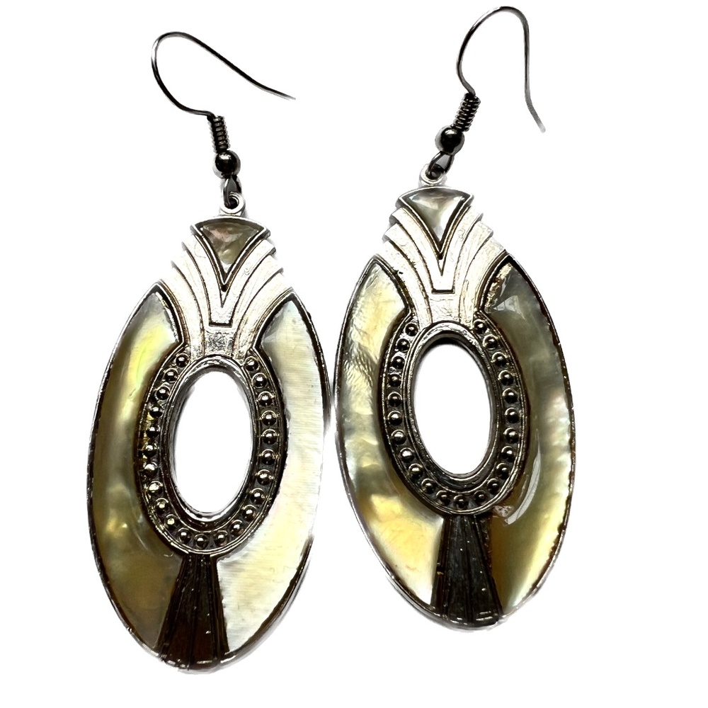 Vintage Signed Duri Earrings Mother of Pearl Art Deco Style Drop Iridescent